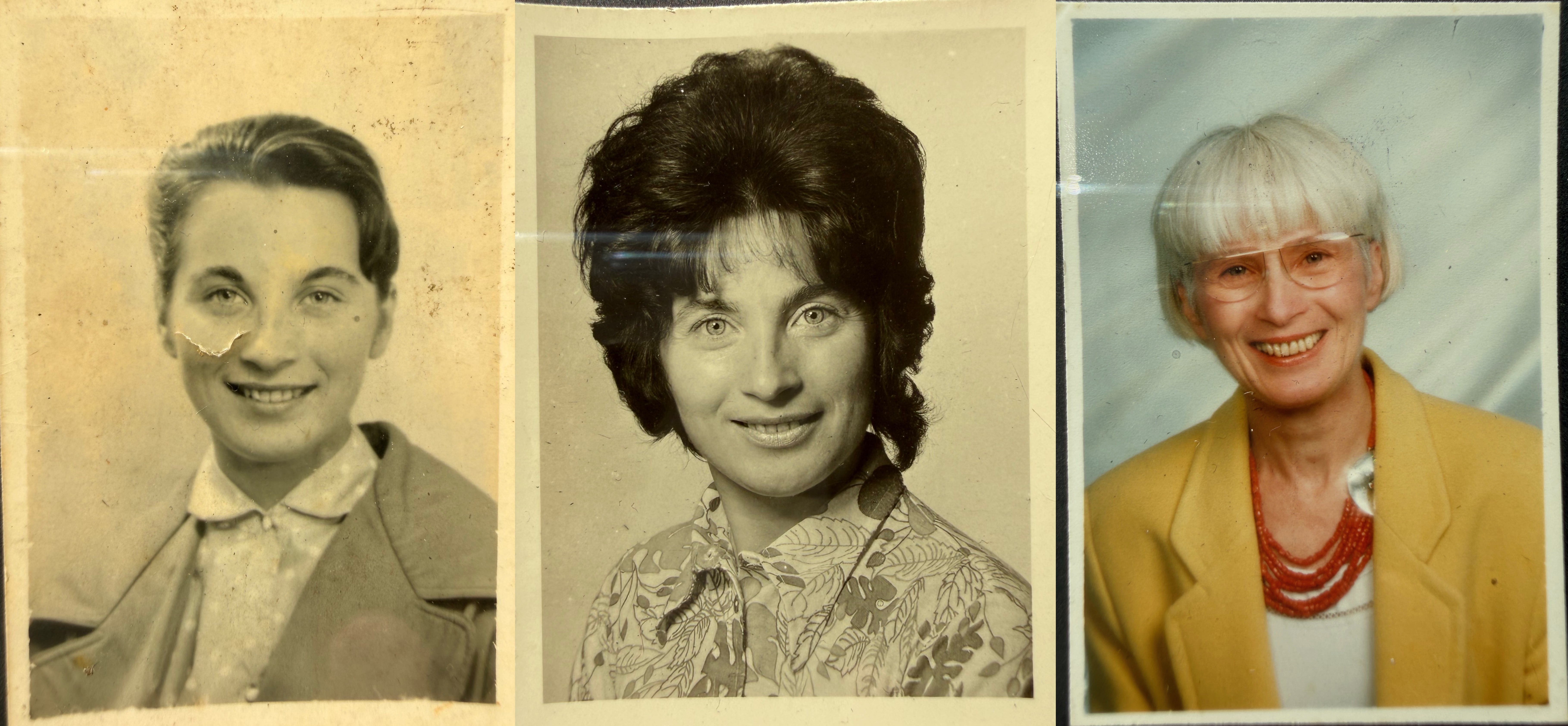 3 Passbilder von Herta (Lehrm&auml;dchen (1954), B&uuml;rokauffrau (~1965), Office-Managerin (~1988)